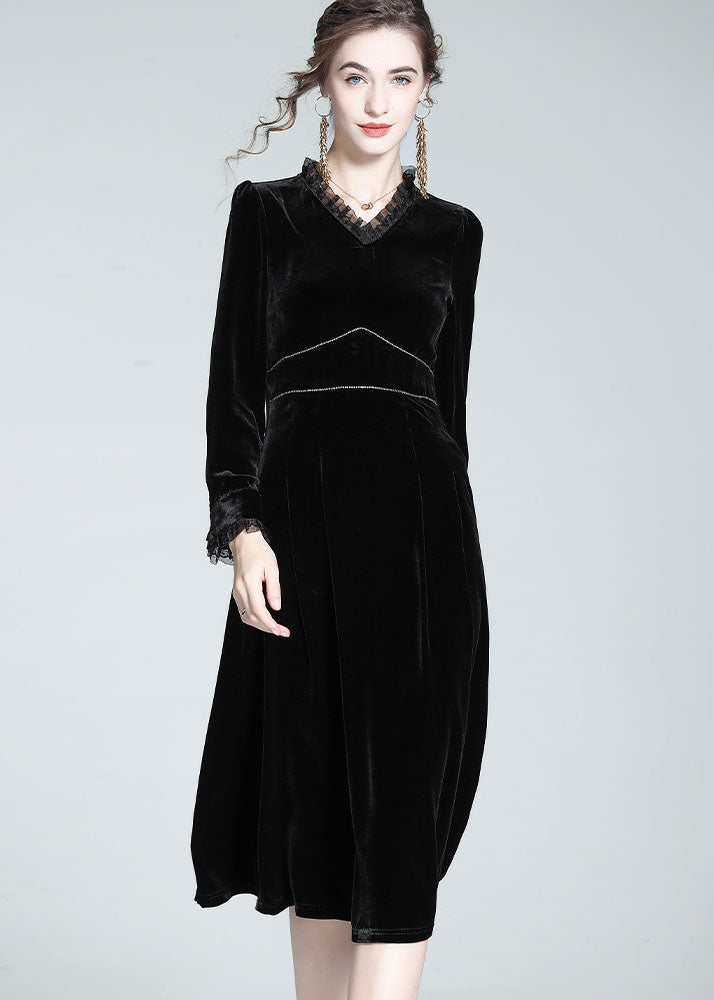 French Black Ruffled Patchwork Zircon Silk Velour Dress Spring