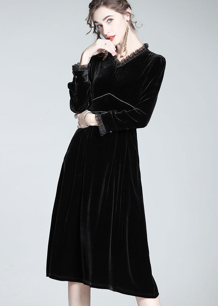 French Black Ruffled Patchwork Zircon Silk Velour Dress Spring