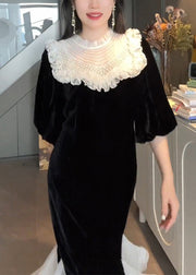 French Black Ruffled Pearl Patchwork Silk Velour Long Dresses Half Sleeve