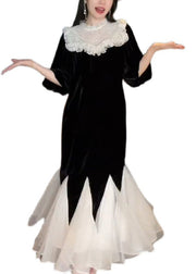 French Black Ruffled Pearl Patchwork Silk Velour Long Dresses Half Sleeve
