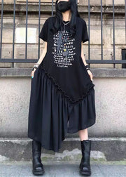 French Black Ruffled Print Patchwork Cotton Long Dresses Summer