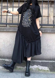 French Black Ruffled Print Patchwork Cotton Long Dresses Summer