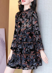 French Black Ruffled Print Silk Velour Mid Dress Spring