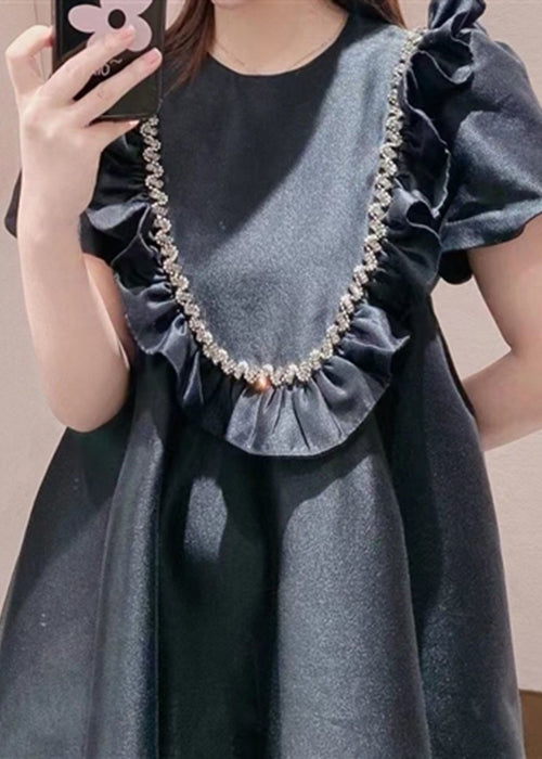 French Black Ruffled Zircon Cotton Mid Dress Summer