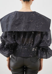 French Black Sailor Collar Print Chiffon Shirt Top Spring