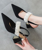 French Black Sandals Chunky Heel Suede Pointed Toe Buckle Strap