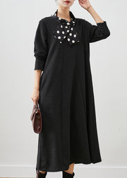 French Black Shawl Collar Jacquard Cotton Party Dress Fall
