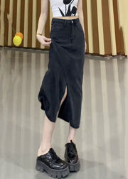 French Black Side Open High Waist Denim Skirt Fall
