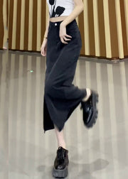 French Black Side Open High Waist Denim Skirt Fall
