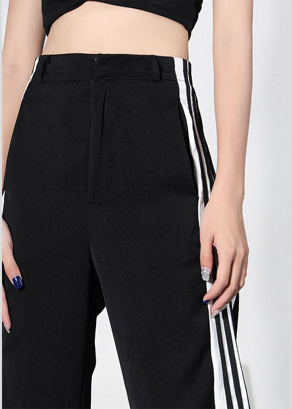 French Black Side Open Striped Pants High Waist