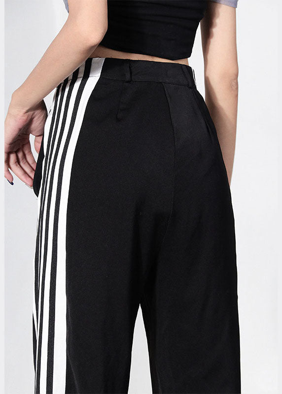 French Black Side Open Striped Pants High Waist