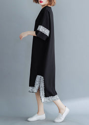 French Black Side Open V Neck Lace Patchwork Chiffon Dresses Short Sleeve