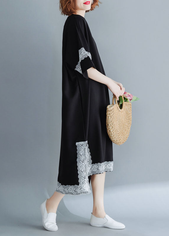 French Black Side Open V Neck Lace Patchwork Chiffon Dresses Short Sleeve