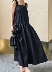 Französisches schwarzes Slash Neck Pockets zerknittertes langes Kleid aus Baumwolle, ärmellos