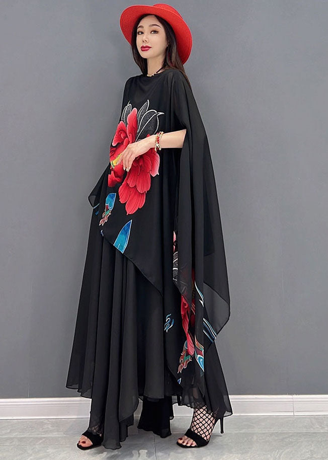 French Black Slash neck Asymmetrical Design Floral Print Chiffon Two Piece Set Batwing Sleeve