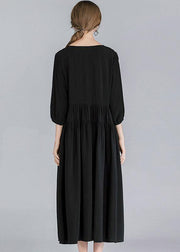 French Black Solid Patchwork Spring Three Quarter Sleeve Long Dresses - SooLinen
