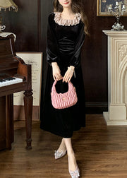 French Black Square Collar Lace Slim Fit Velvet Dresses Spring