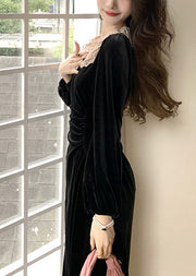 French Black Square Collar Lace Slim Fit Velvet Dresses Spring