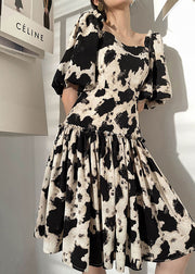 French Black Square Collar Print Patchwork Silk Pleated Dress Summer