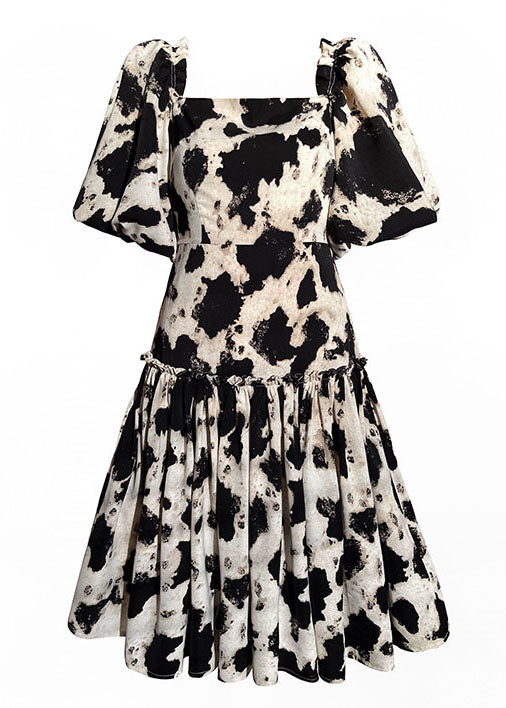 French Black Square Collar Print Patchwork Silk Pleated Dress Summer