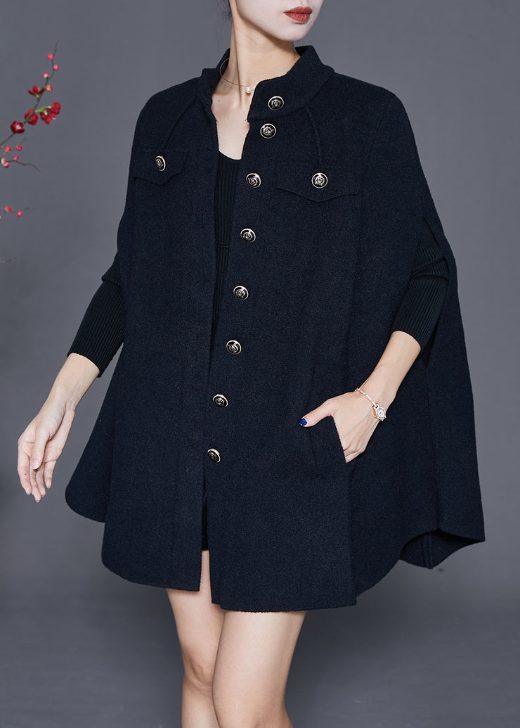 French Black Stand Collar Button Woolen Coats Cloak Sleeves