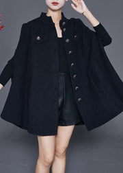 French Black Stand Collar Button Woolen Coats Cloak Sleeves