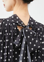 French Black Stand Collar Dot Print Chiffon Long Dress Vestidos Lantern Sleeve