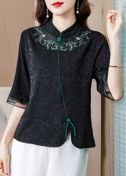 French Black Stand Collar Embroidered Patchwork Silk Shirt Tops Half Sleeve