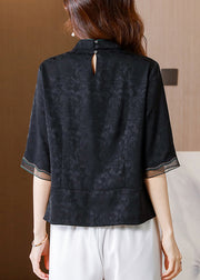 French Black Stand Collar Embroidered Patchwork Silk Shirt Tops Half Sleeve
