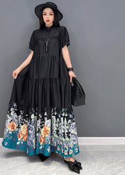 French Black Stand Collar Floral Print Wrinkled Patchwork Cotton Long Dress Short Sleeve