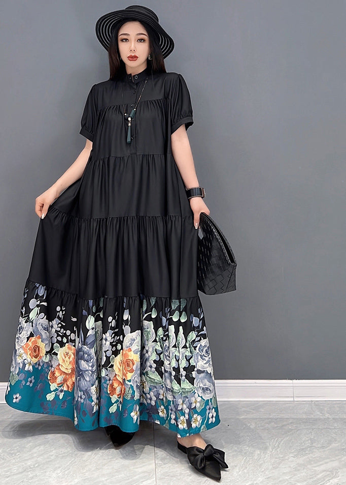 Französisches schwarzes Stehkragen-Blumendruck-zerknittertes Patchwork-Baumwoll-langes Kleid mit kurzen Ärmeln