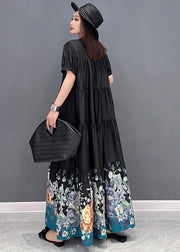 French Black Stand Collar Floral Print Wrinkled Patchwork Cotton Long Dress Short Sleeve
