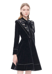 French Black Stand Collar Nail Bead Zircon Velour Dress Spring