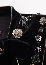 French Black Stand Collar Nail Bead Zircon Velour Dress Spring