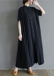 French Black Stand Collar Oversized Cotton Long Dress Summer
