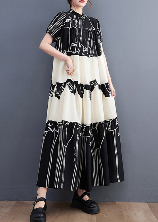 French Black Stand Collar Print Patchwork Long Dress Short Sleeve
