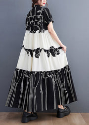 French Black Stand Collar Print Patchwork Long Dress Short Sleeve
