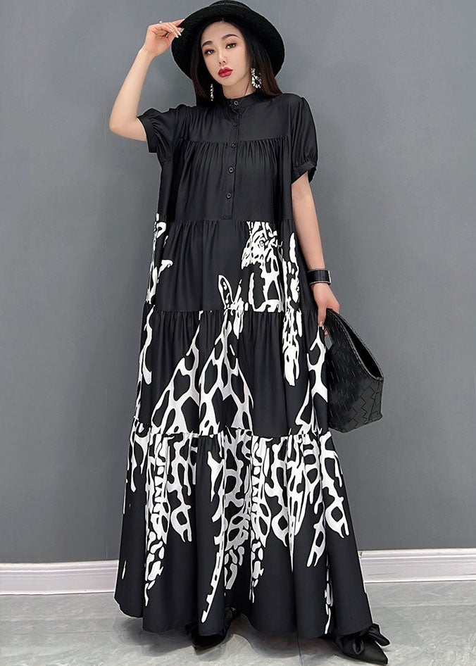 French Black Stand Collar Print Wrinkled Shirt Dresses Short Sleeve