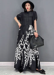 French Black Stand Collar Print Wrinkled Shirt Dresses Short Sleeve