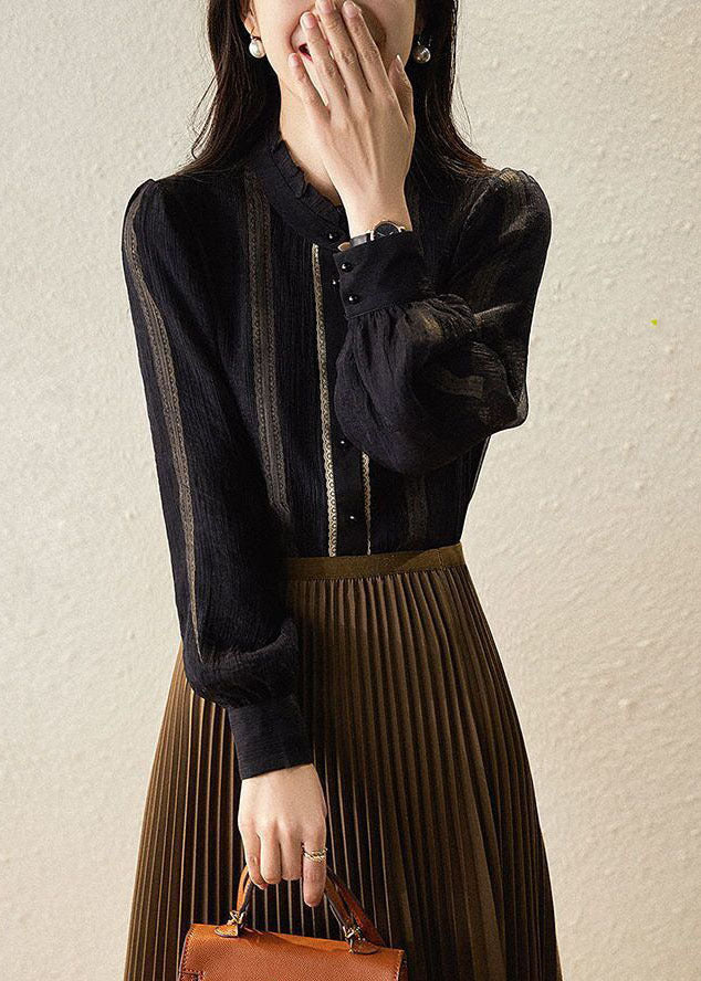French Black Stand Collar Striped Silk Shirt Top Long Sleeve