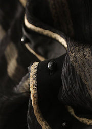 Französisches schwarzes Stehkragen-gestreiftes Seiden-Hemdoberteil mit langen Ärmeln