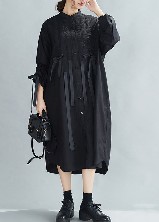French Black Stand Collar Wrinkled Cinched Bow Cotton Shirt Dress Spring