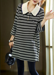 French Black Striped Button Hollow Out Cotton T Shirt Spring