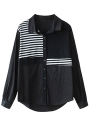 French Black Striped Button Patchwork Cotton Shirts Fall