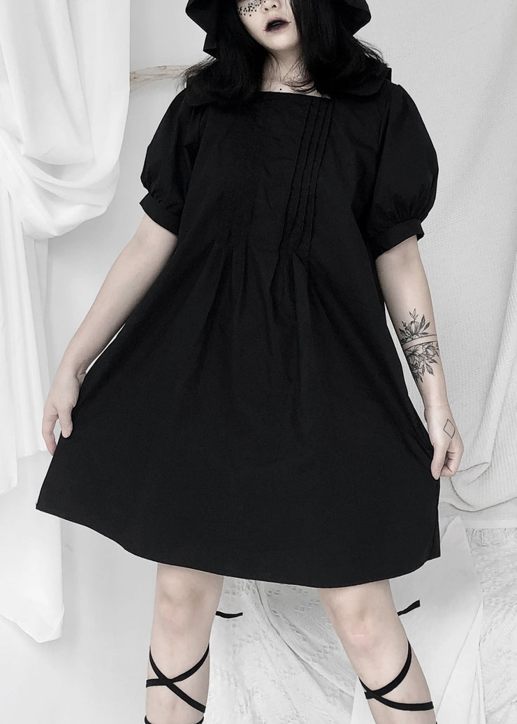 French Black Striped Patchwork Wrinkled Mid Dresses Short Sleeve