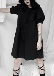 French Black Striped Patchwork Wrinkled Mid Dresses Short Sleeve
