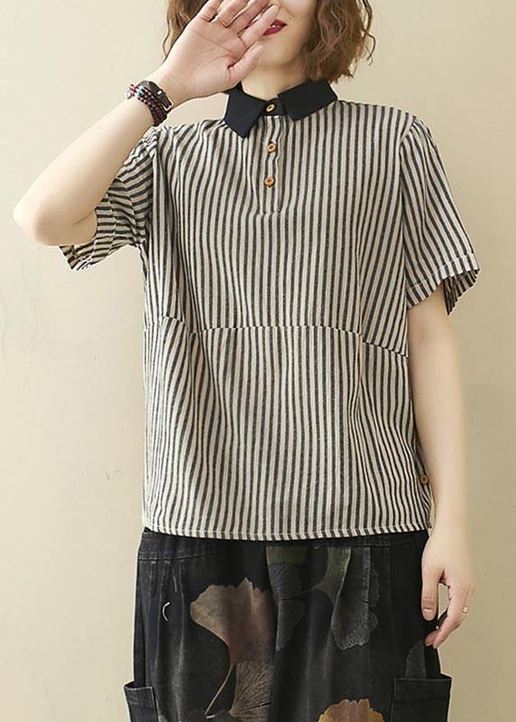 French Black Striped Turn-down Collar Linen Summer Top - SooLinen