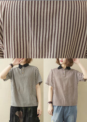 French Black Striped Turn-down Collar Linen Summer Top - SooLinen