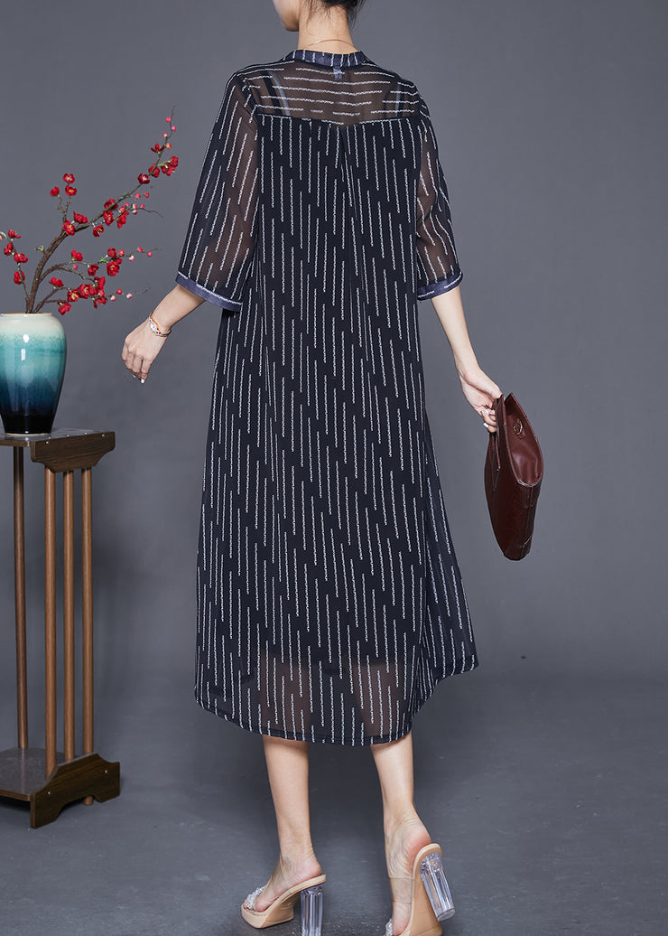 French Black Striped Wrinkled Draping Chiffon Dresses Summer