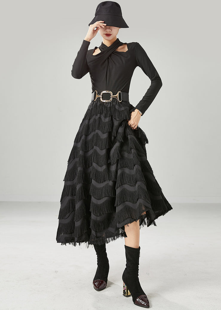 French Black Tasseled Exra Large Hem Chiffon Skirts Summer